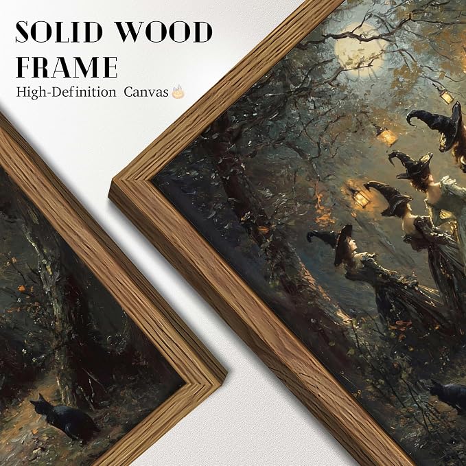 Framed Vintage Halloween Witches Wall Art, Dark Academia Gothic Black Cat Painting Canvas Prints, Halloween Wall Decor, Coven of Witches Dancing Scene Forest Poster for Living Room 8x10in