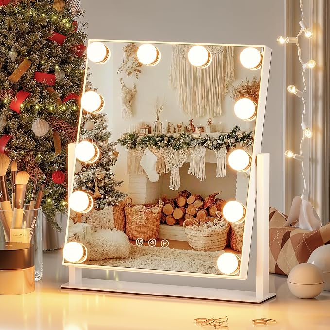Vanity Mirror with Lights, 12 Bulbs Makeup Mirror with Smart Touch Control, 3-Color Dimmable Lighting, 360° Rotation