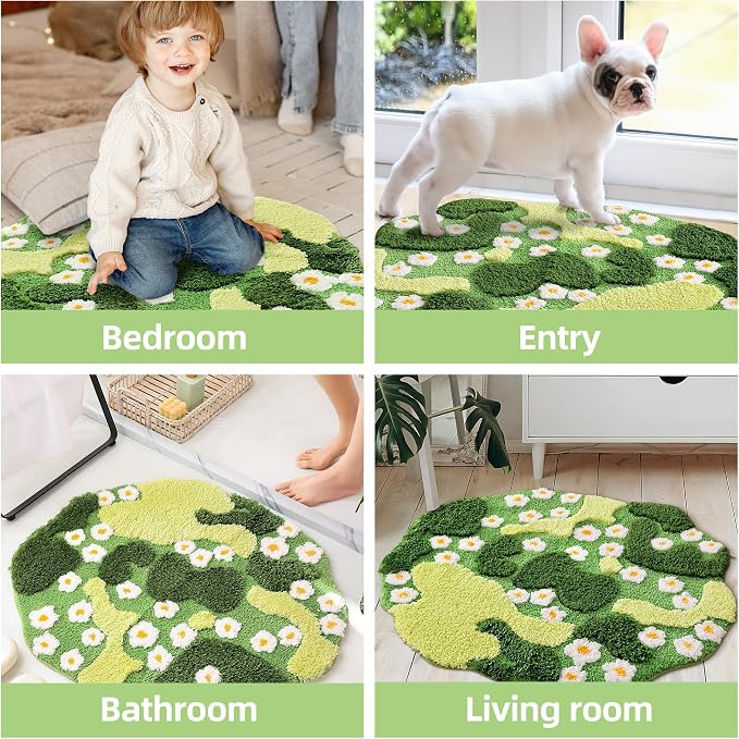 YIKUSH Moss Rug, Cute Green Plant Bath Mat with White Flowers, 29x26 Inch | Round Rugs, Bathroom Decor Aesthetic, Absorbent, Machine Washable, Non Slip Bath Mat for Bedroom Shower Floor Home Decor