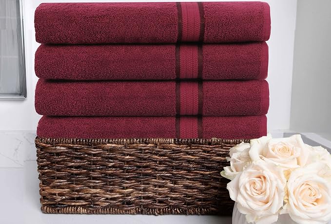 COTTON CRAFT Ultra Soft Bath Towels - 4 Pack 100% Cotton Large 30x54 inches | Oversized 580 GSM Absorbent Burgundy Bath Towel with Luxurious Rayon Border - Ideal for Everyday use - Easy Care Machine Wash