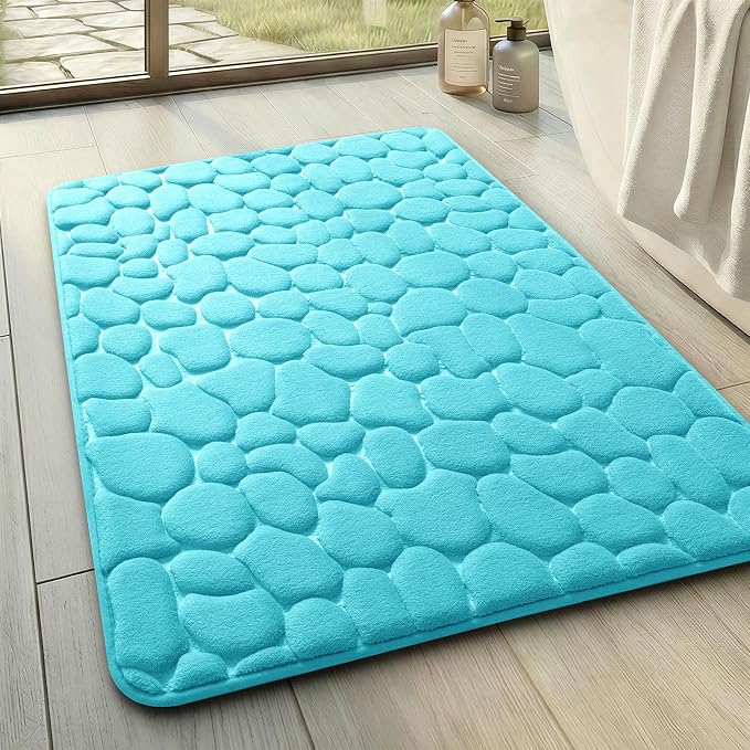 Memory Foam Bath Mat Cobblestone Bathroom Rugs Super Water Absorbent Bath Mats for Bathroom Machine Washable Bath Rugs(17 x 24,Teal)