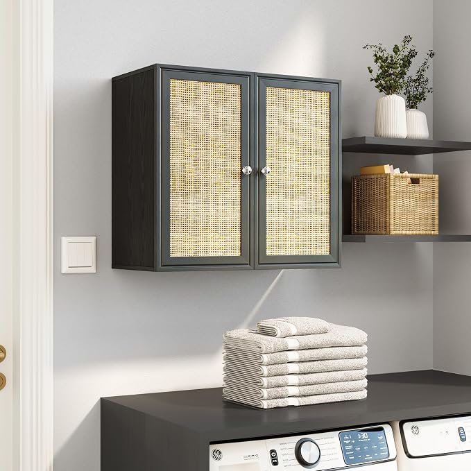 Wall Cabinet Storage-Rattan Laundry Cabinet,Kitchen Wall Mounted Cabinet with Adjustable Shelves for Laundry Room, Kitchen,Dining Room,Bathroom 24INCH X 1PCS，Black