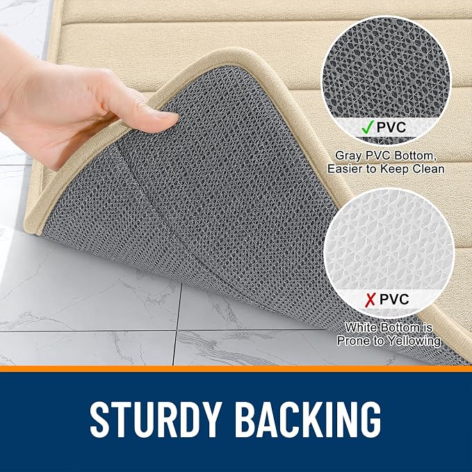 OLANLY Memory Foam Long Bathroom Rugs Runner 44x24, Super Soft Absorbent | Beige, Quick Dry Bath Mat, Machine Washable Shower Floor Rugs, Bathmat Carpet for Bathroom Floor, Tub and Shower