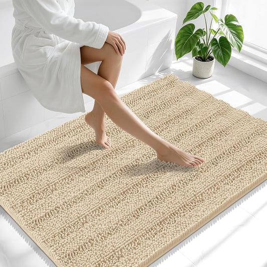 Smiry Thick Chenille Large Bathroom Runner Rugs 40x32, Soft Bath Mat, Beige | Quick‑Dry & Machine Washable, Non‑Slip Bath Carpet, Striped Bath Rugs for Tub & Shower, Modern Home Decor Accessories