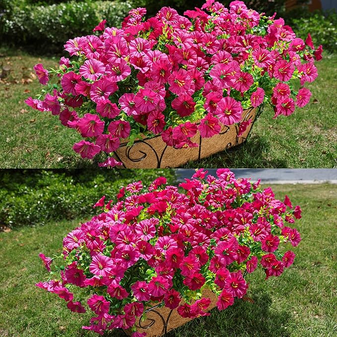 Artificial Flowers for Outdoors Fake Plants Outside Decoration, 12 Bundles Faux Fuchsia Morning Glory UV Resistant Look Real Silk Flowers for Outside Planter Front Door Porch Patio Yard Urn