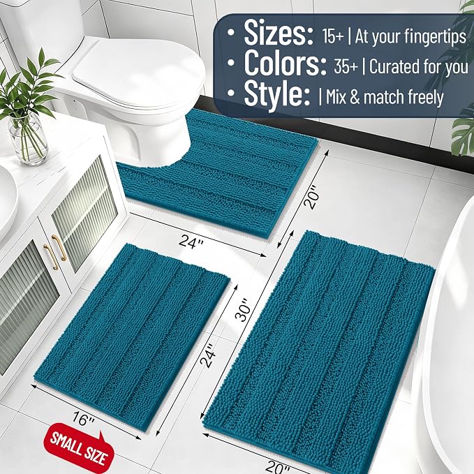 Smiry Thick Chenille Bathroom Runner Rugs 47x17, Bath Mat, Peacock Blue | Quick‑Dry & Machine Washable, Non‑Slip Bath Carpet, Soft Striped Bath Rugs for Tub & Shower, Modern Home Decor Accessories