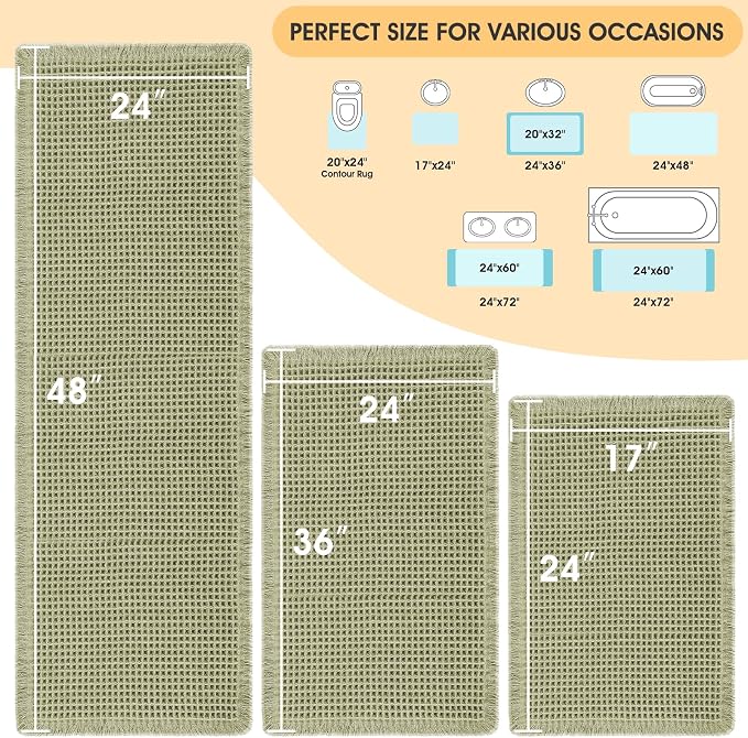 Waffle Bath Mat Set 3 Piece Green,Woven Modern Bath Rug Mats, Absorbent Non Slip Bath Floor Mat, Soft Washable Boho Bath Rugs with Tassels for Bathroom, Bedroom, Kitchen, Tub