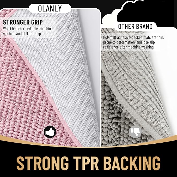 OLANLY Thick Chenille Bathroom Runner Rugs Mats 47x20, Dusty Rose | Soft Absorbent Bath Rugs, Rubber Backing, Machine Wash Dry, Bath Mats for Bathroom, Tub and Shower, Home Decor Accessories