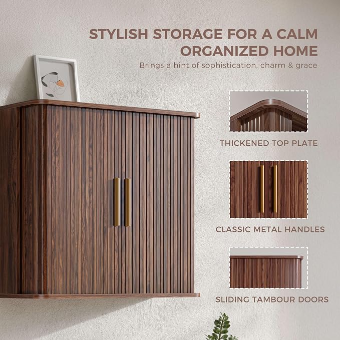 FIMELLO 29.5" W Bathroom Wall Cabinet, Laundry Room Cabinets Wall Mounted with Sliding Tambour Door, Kitchen Wall Cabinet, Floating Cabinet for Wall, Upper Cabinets, Brown Walnut