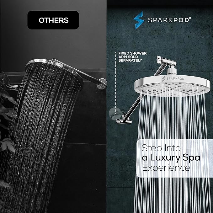 SparkPod 8" Round Rain Shower Head with 16" Shower Arm | Shower Head & Extension Arm Combo, Height Adjustable, High Pressure Performance, Easy 1-Minute Installation, Polished Chrome