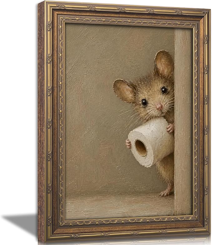 Vintage Gold Framed Bathroom Wall Art, Funny Mouse Canvas Print | Mouse Holding Toilet Paper Wall Decor, Antique Funny Animal Poster Artwork for Restroom Bedroom Home Decoration, 9X11in