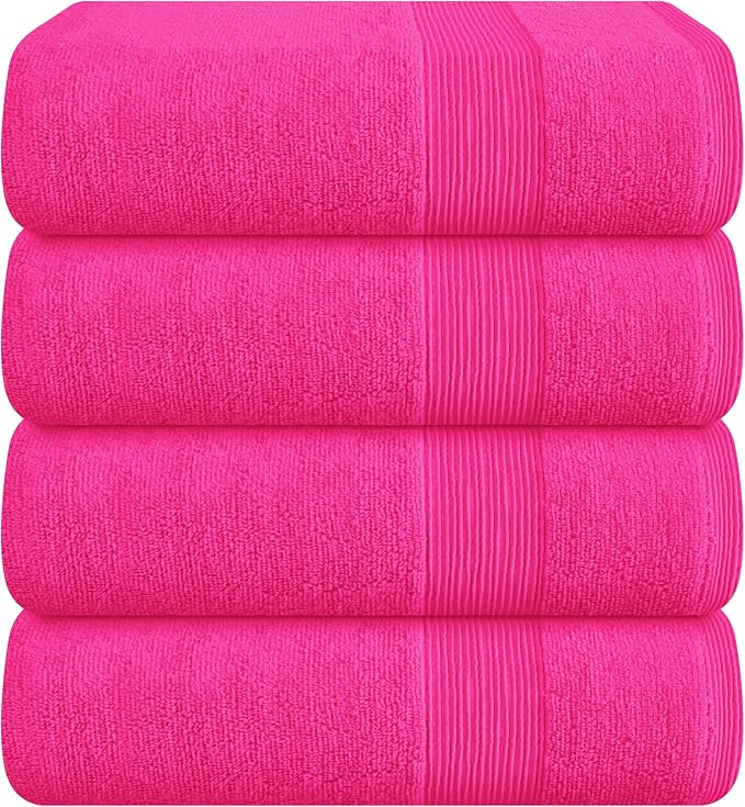 4 Pack Bath Towel Set 27x54, 100% Ring Spun Cotton, Ultra Soft Highly Absorbent Machine Washable Hotel Spa Quality Bath Towels for Bathroom, 4 Bath Towels - Hot Pink