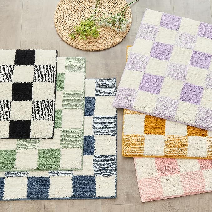 CozeCube Sage Green Checkered Bath Mat 47"x24" Non Slip Washable Rug | For Bathroom Non Slip, Fluffy Absorbent Microfiber Bath Mats Machine Wash, Stylish Long Aesthetic Bathroom Rugs