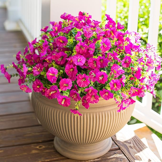 Artificial Flowers for Outdoors Fake Plants Outside Decoration, 12 Bundles Faux Fuchsia Morning Glory UV Resistant Look Real Silk Flowers for Outside Planter Front Door Porch Patio Yard Urn