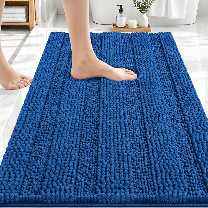 OLANLY Thick Bathroom Rugs 30x20, Soft Chenille Bath Rugs, Deep Navy Blue | Rubber Backing, Machine Wash, Extra Absorbent Striped Bath Mats for Bathroom Floor, Tub and Shower, Home Decor Accessories