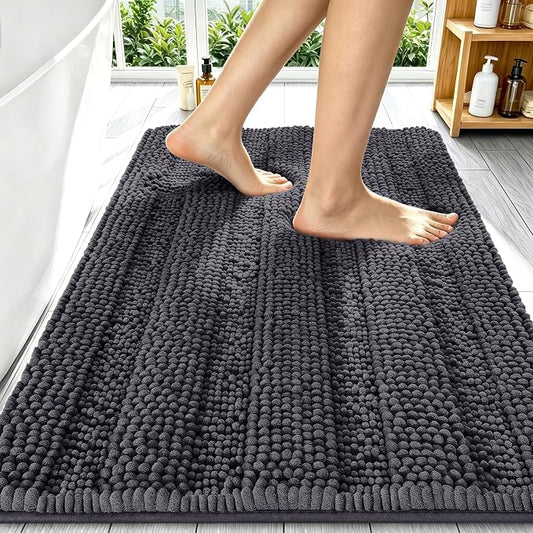 Smiry Thick Chenille Bathroom Runner Rugs 59x20, Soft Bath Mat, Dark Grey | Quick‑Dry & Machine Washable, Non‑Slip Bath Carpet, Striped Bath Rugs for Tub & Shower, Modern Home Decor Accessories