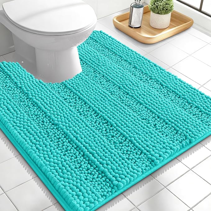 OLANLY Thick Toilet Rugs U-Shaped 24x20, Soft Chenille Bath Mat, Teal | Extra Absorbent Striped Contour Bathroom Rugs for Toilet, Dry Quickly, Machine Washable, Non-Slip