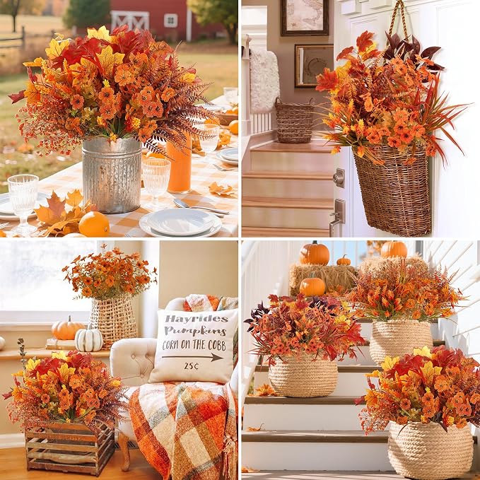 24 Pcs Artificial Fall Flowers Fake Mums for Decoration Outdoor | UV resistant, silk flowers, plastic plants, for indoor outside autumn Thanksgiving garden yard window box home decor