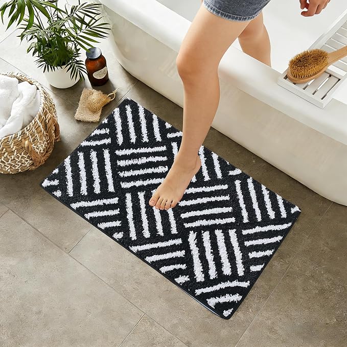 ORTIGIA Striped Black Bathroom Rugs Non Slip Washable, 20x30 Quick Dry Absorbent Soft Plush Microfiber Bath Mats, Bath Rugs for Bathroom Floor Carpet for Sink Bedroom