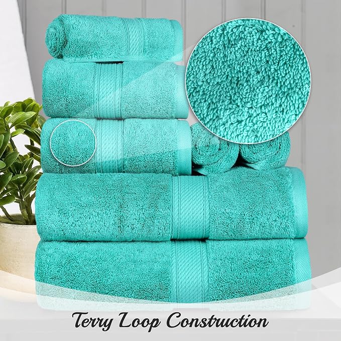 SUPERIOR Egyptian Cotton Ultra Plush & Absorbent, 8 Piece Set, Turquoise | Quick Dry, Soft Luxury Towel Set, Bath Essentials, Guest Bath, Spa, 2 Bath, 2 Hand, 4 Face Towels, Madeline Towels