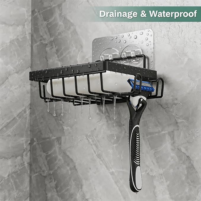 Self Draining Adhesive Soap Bar Holder for Shower Wall with with Soap Saver | Soap Dish Container Caddy Saver with 2 Hooks for Razor Loofah, Shampoo Sponge Tray Case Box for Bathroom Kitchen Sink, Black