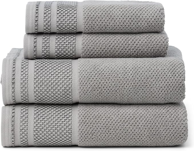Texere 100% Organic Cotton Rice Weave Jacquard 700 GSM Luxury Bath Towel Sets - Ultra Soft and Absorbent Hotel and Spa Quality (Rice Weave, Cathedral Gray, 2 Bath & 2 Hand Towels)