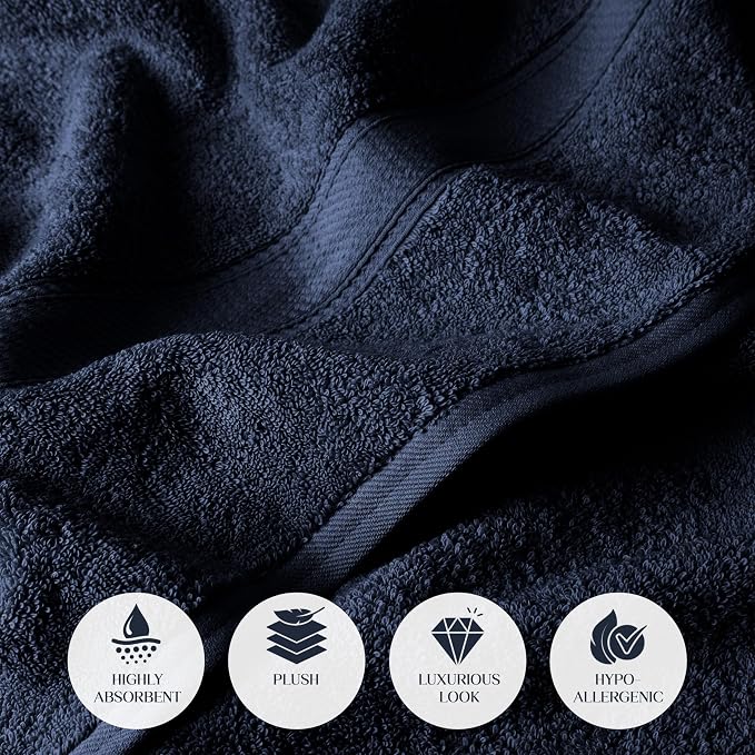 SUPERIOR Egyptian Cotton Ultra Plush & Absorbent, 12 Piece Set, Navy Blue | Heavyweight 12 Pc Egyptian Cotton Towel Set Includes 4 Bath Towels 4 Hand Towels 4 Washcloths Decorative Rope Border