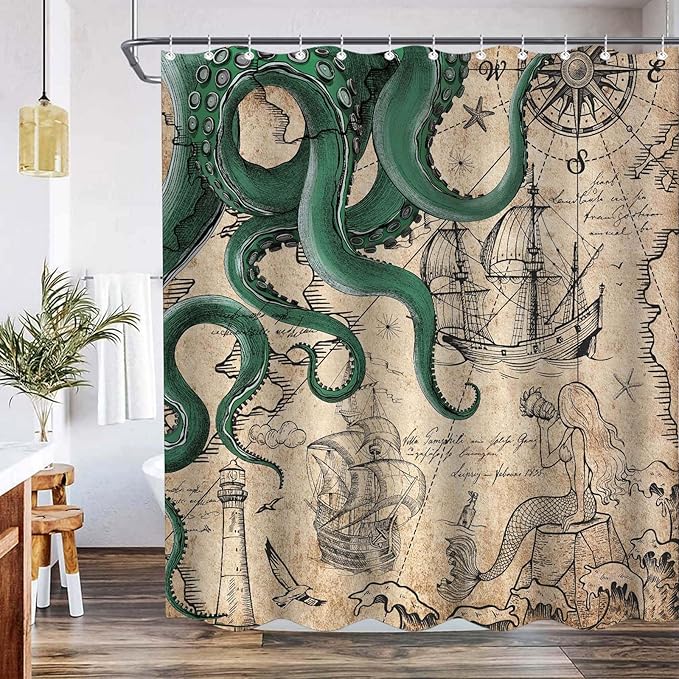 Fungarth 84 Inch Extra Long Vintage Green Nautical Octopus Shower Curtain Mermaid Funny Ocean Kraken Shower Curtains for Bathroom Cool Coastal Map Waterproof Fabric Bath Curtain (Retro2, 72” x 84”)