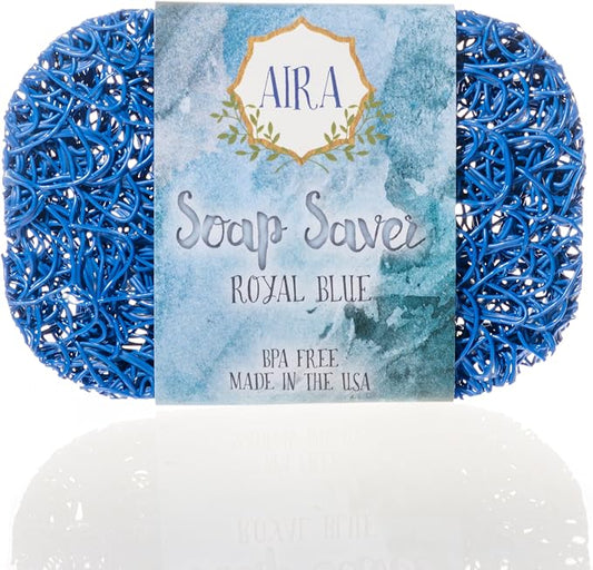 Aira Soap Saver - Soap Dish & Soap Holder Accessory - BPA Free Shower & Bath Cleanser Holder - USA Made - Drains Water, Circulates Air, Extends Life - Easy to Clean, Fits All Dish Sets - Royal Blue