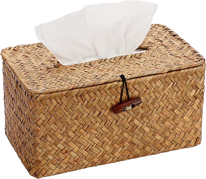 Sumnacon Large Tissue Box Cover Rectangle Seagrass Tissue Holder,Caramel | Decorative Tissue Box Cover Rectangular with Lid for Bathroom Woven Tissue Box Holder for Home Office Table Fits Up to 230T