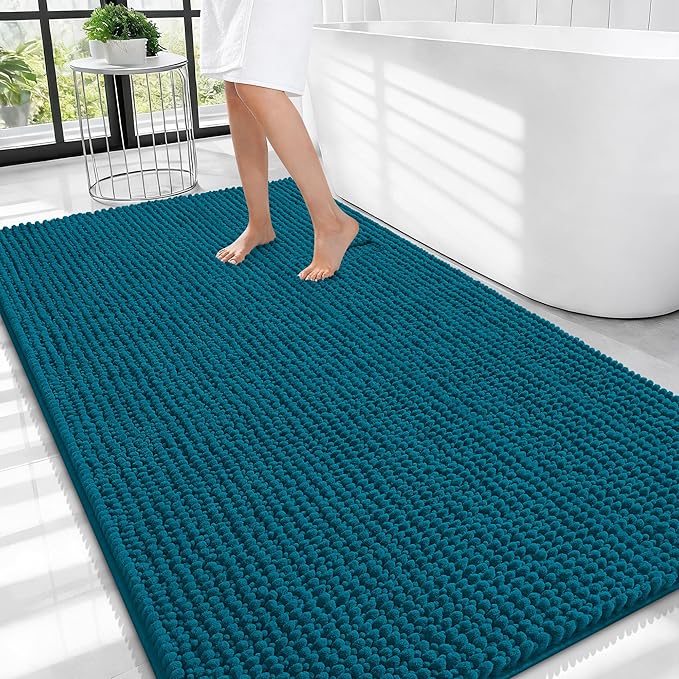 OLANLY Thick Chenille Large Bathroom Rugs Mats 44x32, Peacock Blue | Soft Absorbent Bath Rugs, Rubber Backing, Machine Wash Dry, Bath Mats for Bathroom, Tub and Shower, Home Decor Accessories