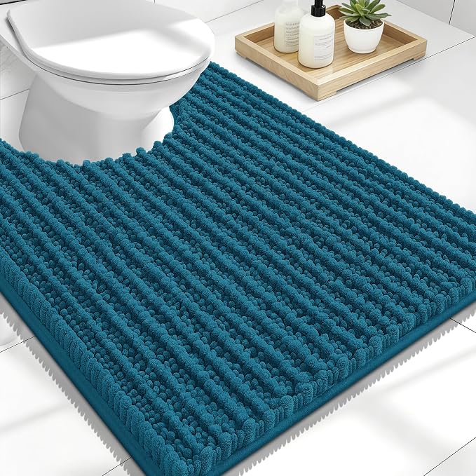 OLANLY U-Shaped Toilet Rug 24x20, Thick Soft Absorbent Chenille Contour Rug | Peacock Blue, Shaggy Bathroom Mat with Non-Slip Rubber Backing, Quick-Drying, Washable for Toilet, Home Decor Accessories