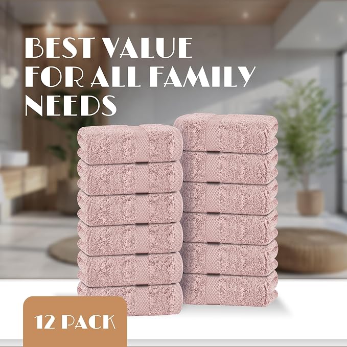 White Classic Pink Washcloths Set for Body and Face Towel, Cotton Wash Cloths Bulk 12 Pack, Spa Fingertip Wash Clothes 12x12 Inch, Soft Absorbent Gym Towels