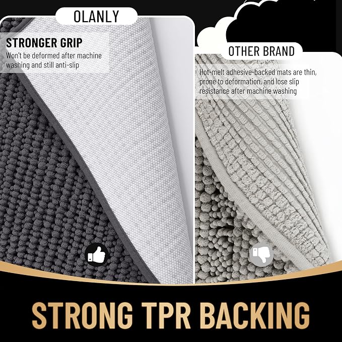 OLANLY Thick Chenille Bathroom Runner Rugs Mats 44x24, Dark Grey | Soft Absorbent Bath Rugs, Rubber Backing, Machine Wash Dry, Bath Mats for Bathroom, Tub and Shower, Home Decor Accessories