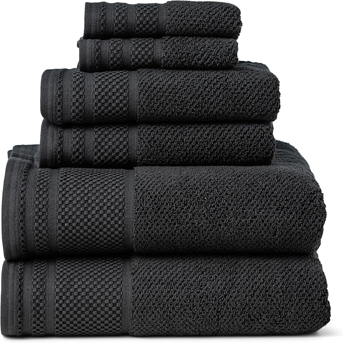 Texere 100% Organic Cotton Rice Weave Jacquard 700 GSM Luxury Bath Towel Sets - Spa Quality Bath Towels, Hand Towels, Washcloths (Rice Weave, Black, 6 Piece)