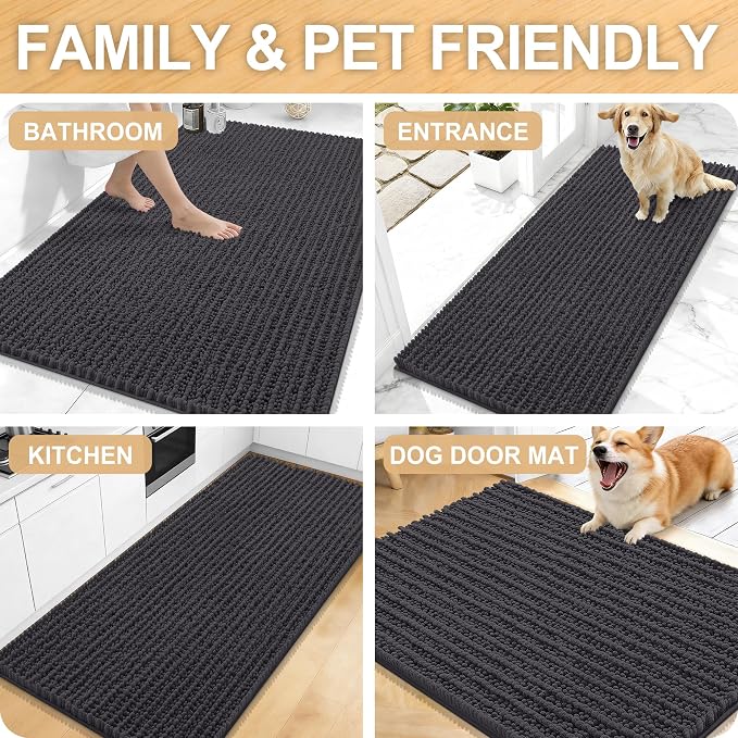OLANLY Bathroom Runner Rugs 59x20, Thick Soft Absorbent Chenille Bath Rugs | Dark Grey, Quick-Drying Rubber Backing, Long Shaggy Bath Mat, Washable for Floor, Tub and Shower, Home Decor Accessories