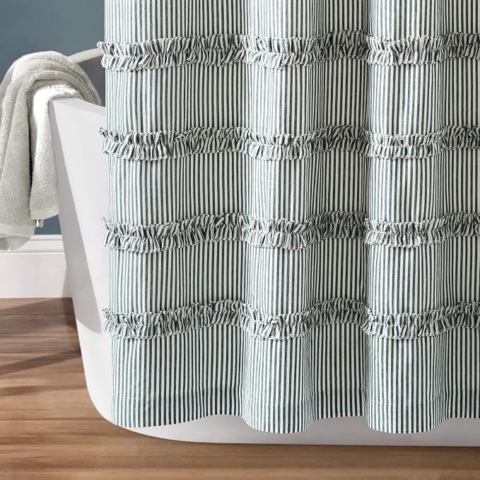 Lush Decor Vintage Stripe Yarn Dyed Cotton Shower Curtain, 72" x 72", Denim Blue