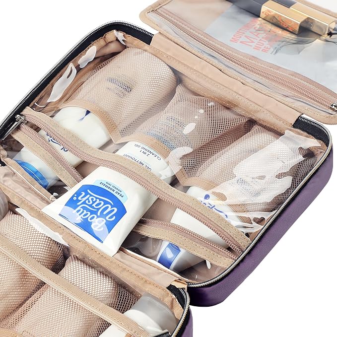 NISHEL Travel Toiletry Bag for women, Portable Hanging makeup Organizer | for Travel-Sized Shampoo, Conditioner, Brushes Set, makeup Accessories, Medium Size, Purple