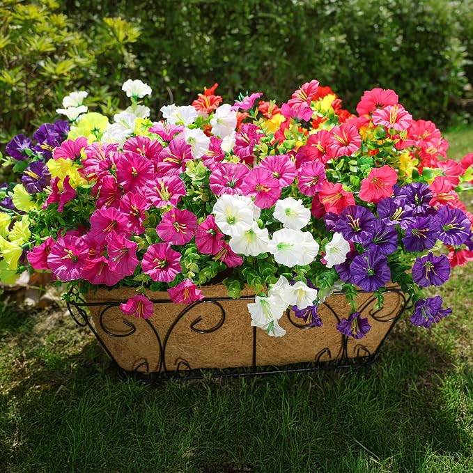 Artificial Flowers for Outdoors Fake Plants Outside Decoration, 12 Bundles Silk Colorful Morning Glory with Eucalyptus UV Resistant Realistic Faux Flowers for Planter Porch Patio Yard Garden