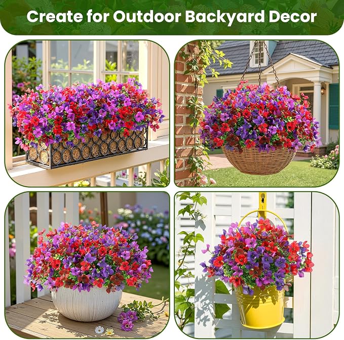 SHareconn 20 Bundles Artificial Flowers UV Resistant Outdoor Decor | Realistic Silk Flowers, Spring Fake Plants Greenery, For Patio Porch Planter Yard Home Spring Decor, 4 Colors