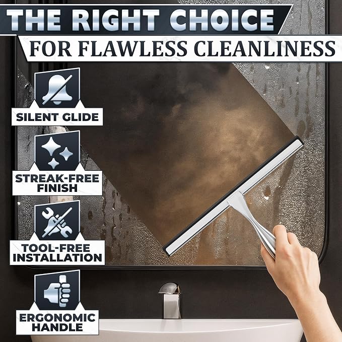 12 in Bathroom Squeegee for Shower Glass, Stainless Steel (Silver) | Shower Squeegee for Glass Doors, Silicone Blade, Adhesive and Hanging Hooks, for Bathroom, Mirror, Tile, Window, and Car