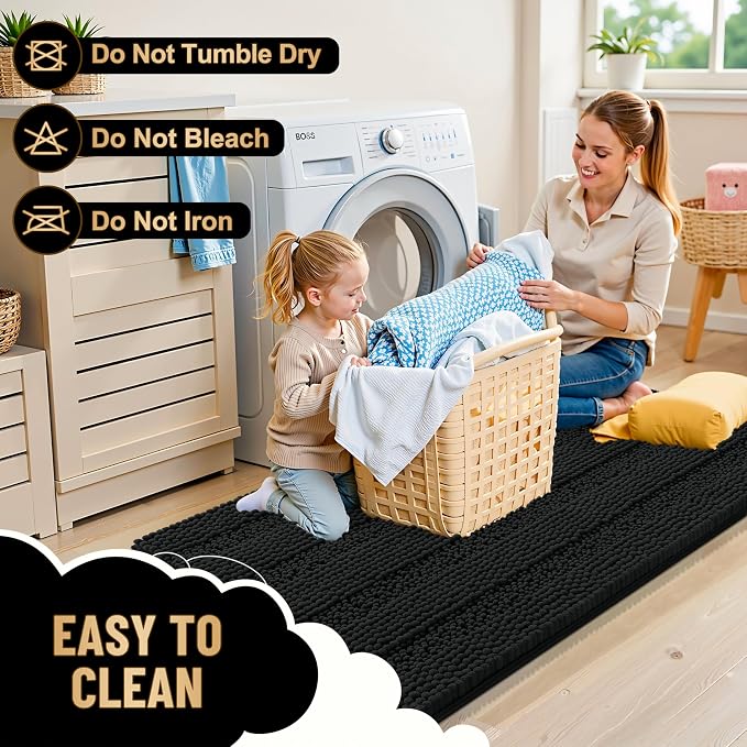 OLANLY Thick Toilet Rugs U-Shaped 24x20, Soft Chenille Bath Mat, Black | Extra Absorbent Striped Contour Bathroom Rugs for Toilet, Dry Quickly, Machine Washable, Non-Slip