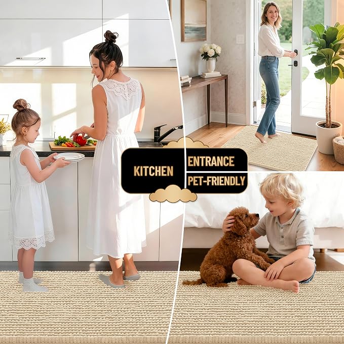 OLANLY Thick Chenille Bathroom Runner Rugs 47x17, Absorbent Bath Mat, Beige | Soft Bath Rugs, Rubber Backing, Machine Wash Dry, Bath Mats for Bathroom, Tub and Shower, Home Decor Accessories