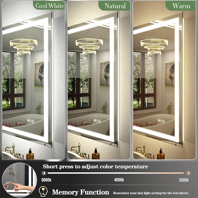26x36 Inch LED Bathroom Mirror, Backlit and Front Lights | Dimmable Lighted Vanity Mirror for Wall, Anti-Fog, Memory, Shatter-Proof, ETL Listed (Horizontal/Vertical)