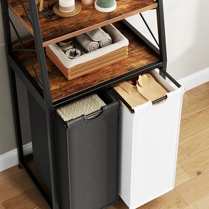 Herture Laundry Basket, 2 Section Laundry Hamper with 4 Tiers Shelf, Pull-Out and Removable Laundry Bags, Large 2 x 15.87 Gallons, for Bedroom Bathroom Rustic Brown PF11XLN