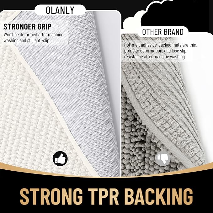 OLANLY Thick Chenille Small Bathroom Rugs 24x16, Absorbent Bath Mat, Ivory | Soft Bath Rugs, Rubber Backing, Machine Wash Dry, Bath Mats for Bathroom, Tub and Shower, Home Decor Accessories