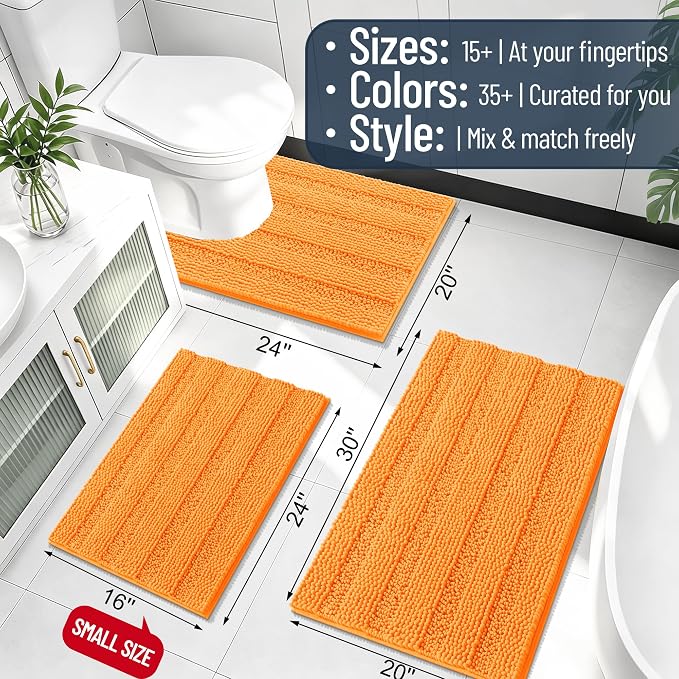 Smiry Thick Small Chenille Bathroom Rugs 24x16, Absorbent Bath Mat, Orange | Quick‑Dry & Machine Washable, Non‑Slip Bath Carpet, Soft Striped Bath Rugs for Tub & Shower, Modern Home Decor Accessories