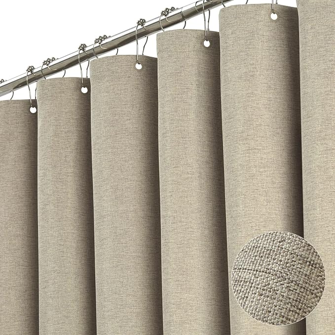 Extra Long Linen Textured Waterproof Shower Curtain, 72x96, Khaki/Tan | Heavy Duty Polyester Cloth, 12 Plastic Hooks, Elegant Drape, Modern Hotel Style, Bathroom Decor, Machine Washable, Quick-dry