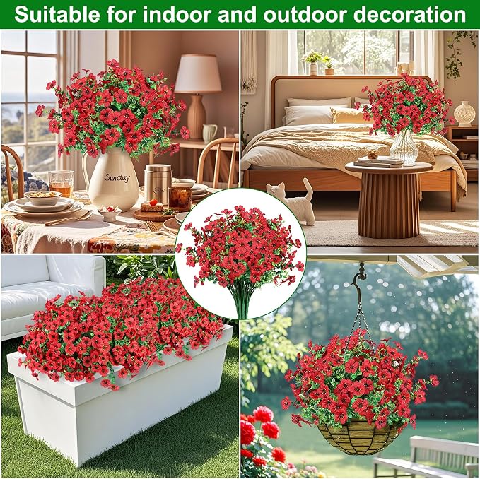 24 Pcs Artificial Flowers for Outdoors Decorations, Red | Lifelike silk flowers, UV resistant, faux plastic plants, for garden porch window table vase home indoor outdoor decor