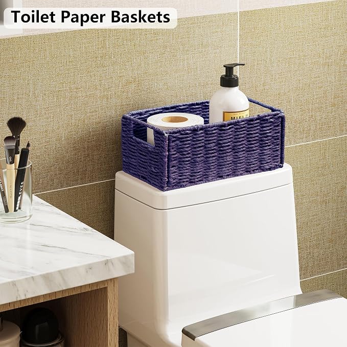 Wicker Storage Basket, Set of 2 Hand-Woven Paper Rope Wicker Basket, Small Storage Baskets for Organizing Toilet Paper, Foldable Small Cube Organizer Bins for Shelves (Purple)